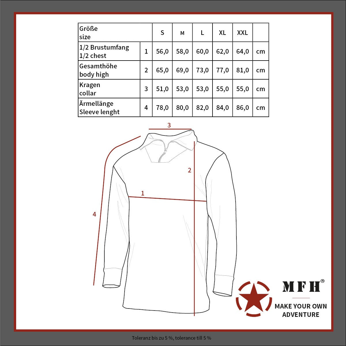 Чертеж и таблица с размери за тактическа блуза MARSOC Combat Shirt MFH.