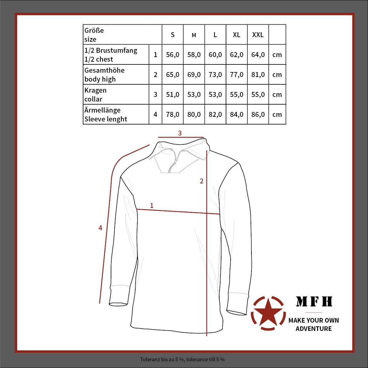 Таблица с размери и размери на яката за блуза MARSOC Combat Shirt MFH.