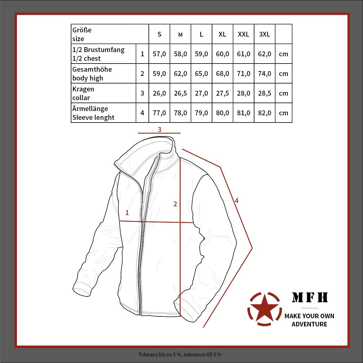 Таблица с размери и размери на яката за блуза MARSOC Combat Shirt MFH.