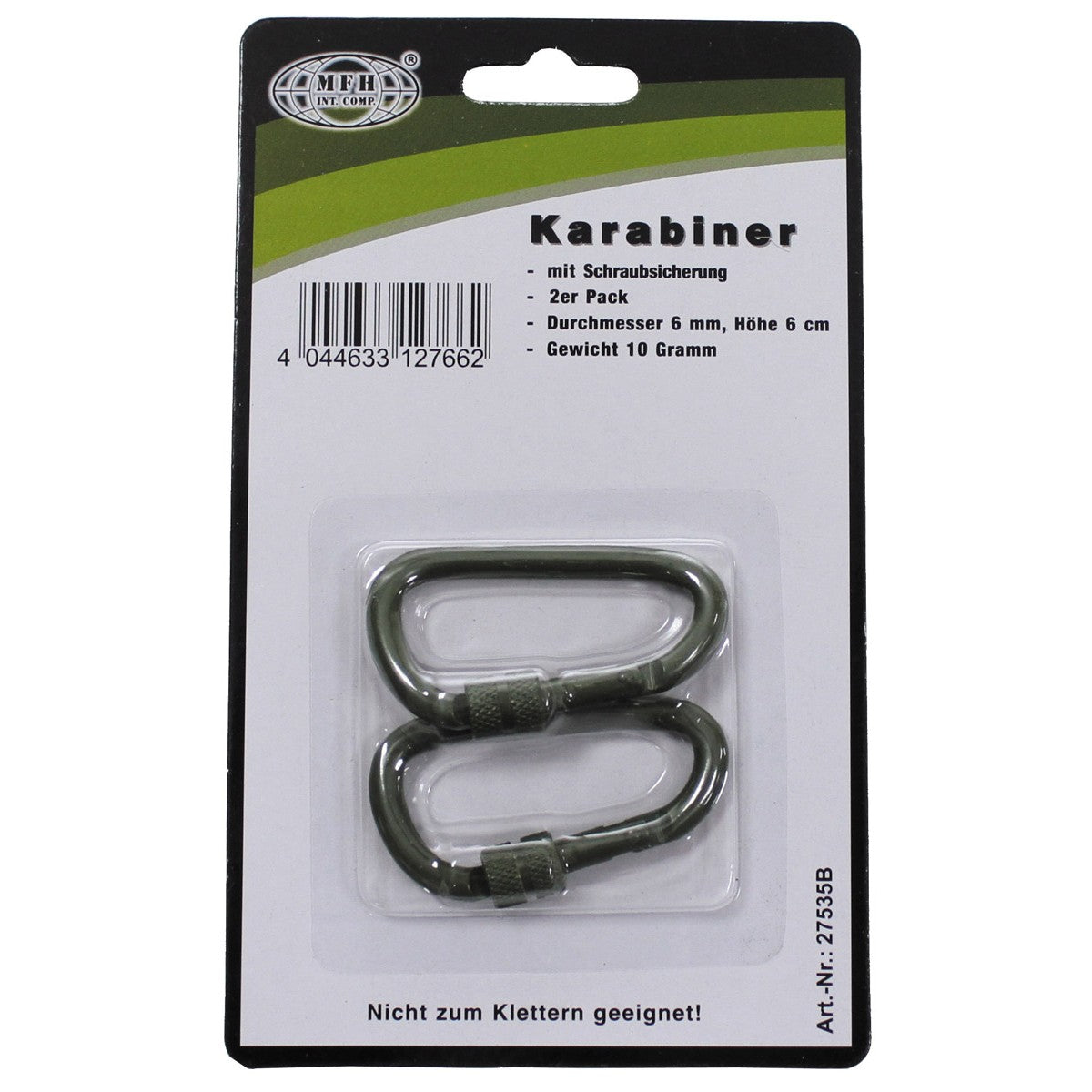 Карабинер, ключалка на винт, D 6 mm x 6 cm, 2 бр., OD green