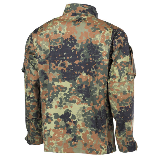 Задна част, детайл на яката с велкро и таблица с размери за риза-яке MFH BW Camo.