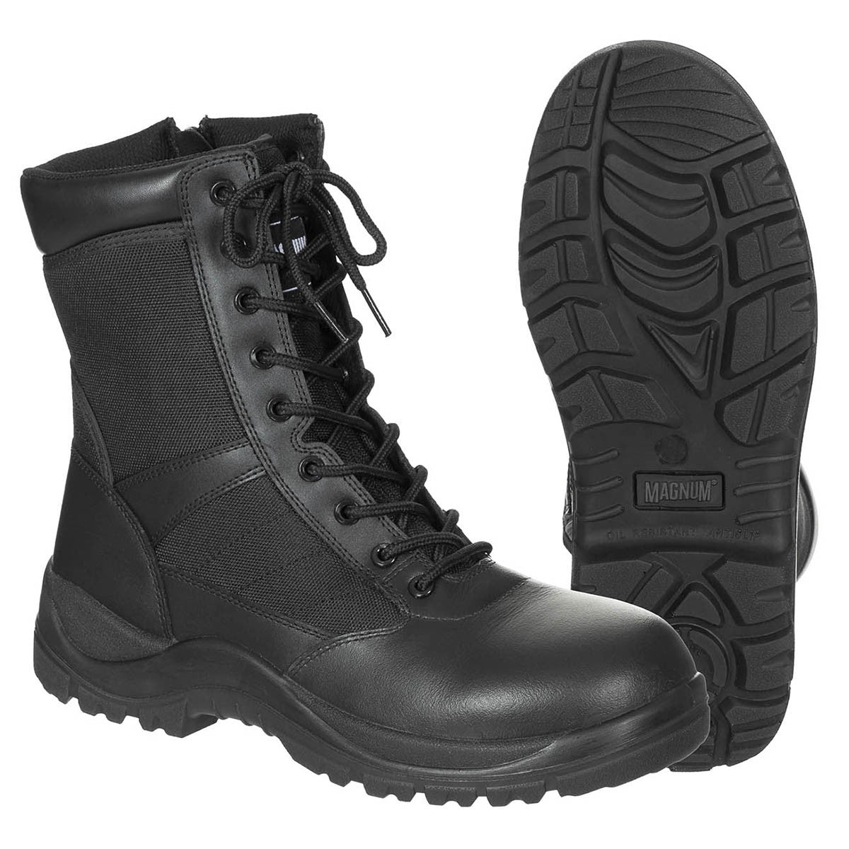 Черни тактически кубинки Magnum Centurion 8.0 SZ от естествена кожа с връзки и изглед към грайфера на подметката код 18606А