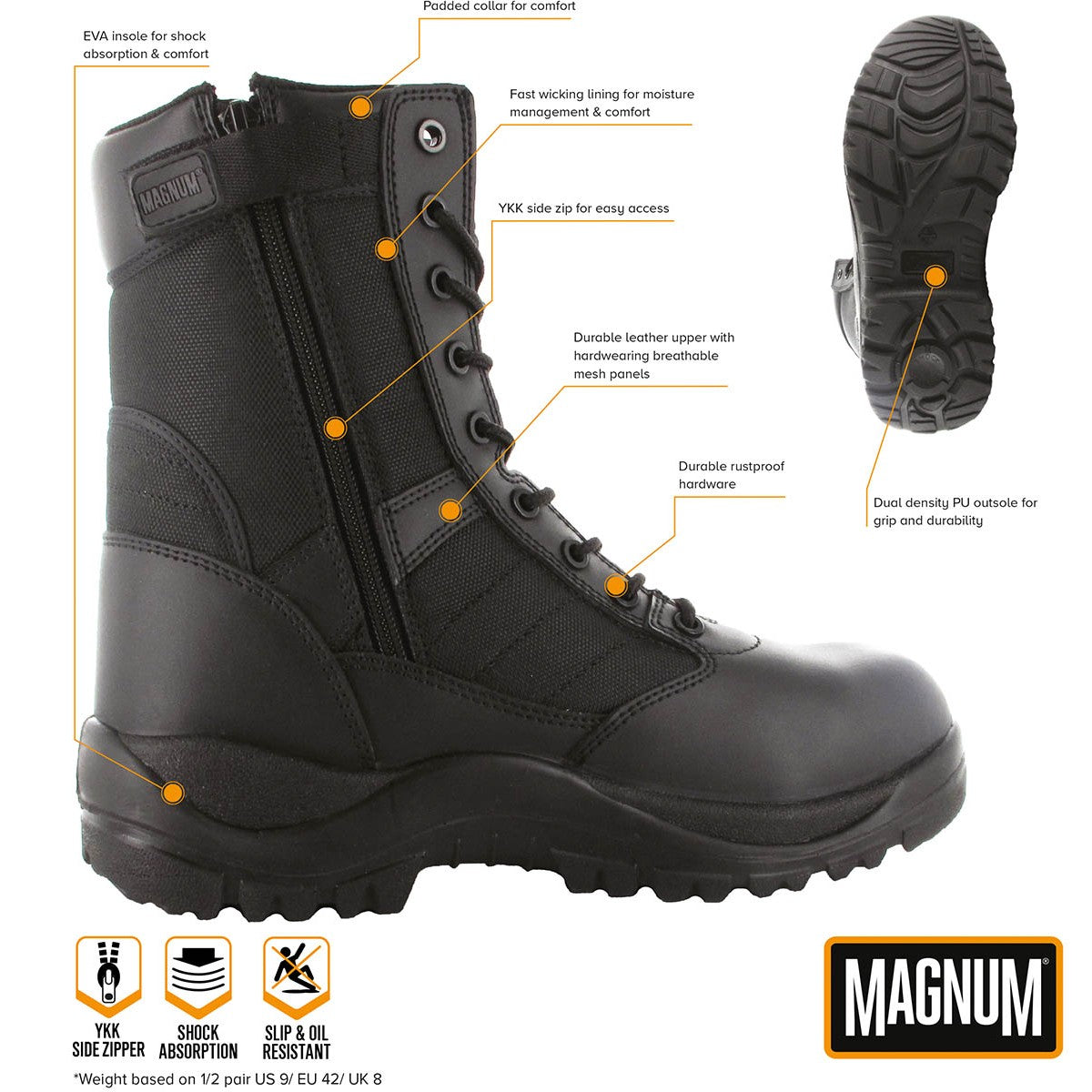 Спецификации на тактическа обувка Magnum Centurion 8.0 SZ с маркирани зони за EVA стелка YKK цип и PU подметка код 18606А