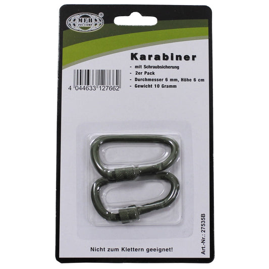 Карабинер, ключалка на винт, D 6 mm x 6 cm, 2 бр., OD green