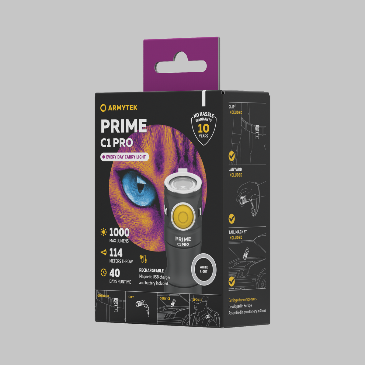 Оригинална опаковка на фенер Armytek Prime C1 Pro White със спецификации.