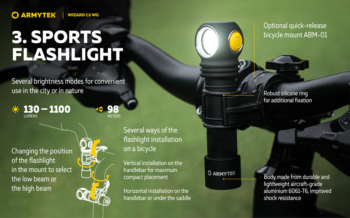 Мултифункционален челен фенер Armytek Wizard C2 WG (Бяла и Зелена светлина), 1020 lm